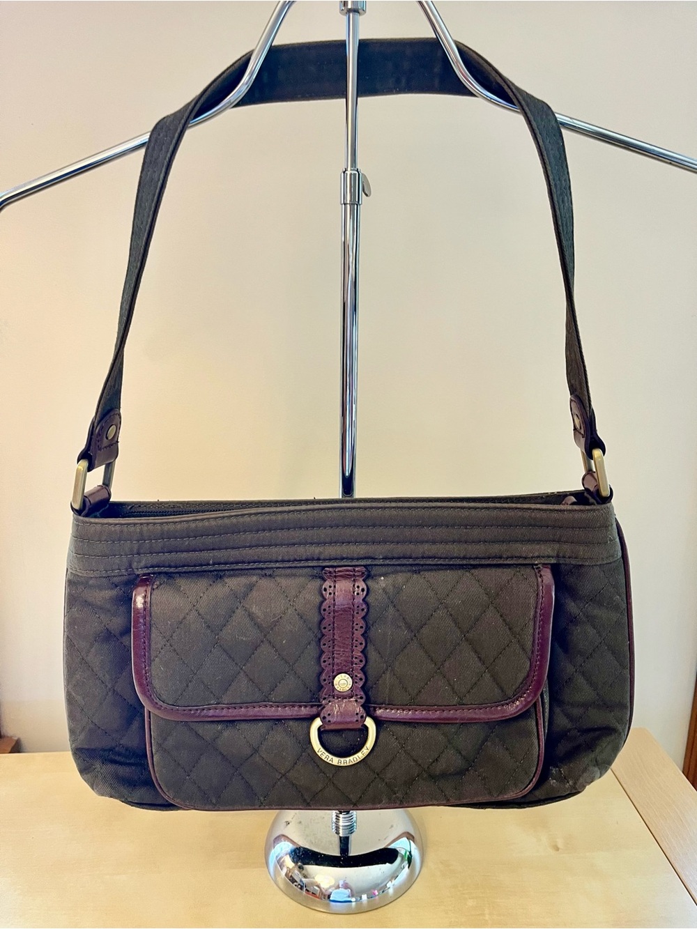 Vera Bradley Quilted Shoulder Bag in Dark Olive with Brown Trim
